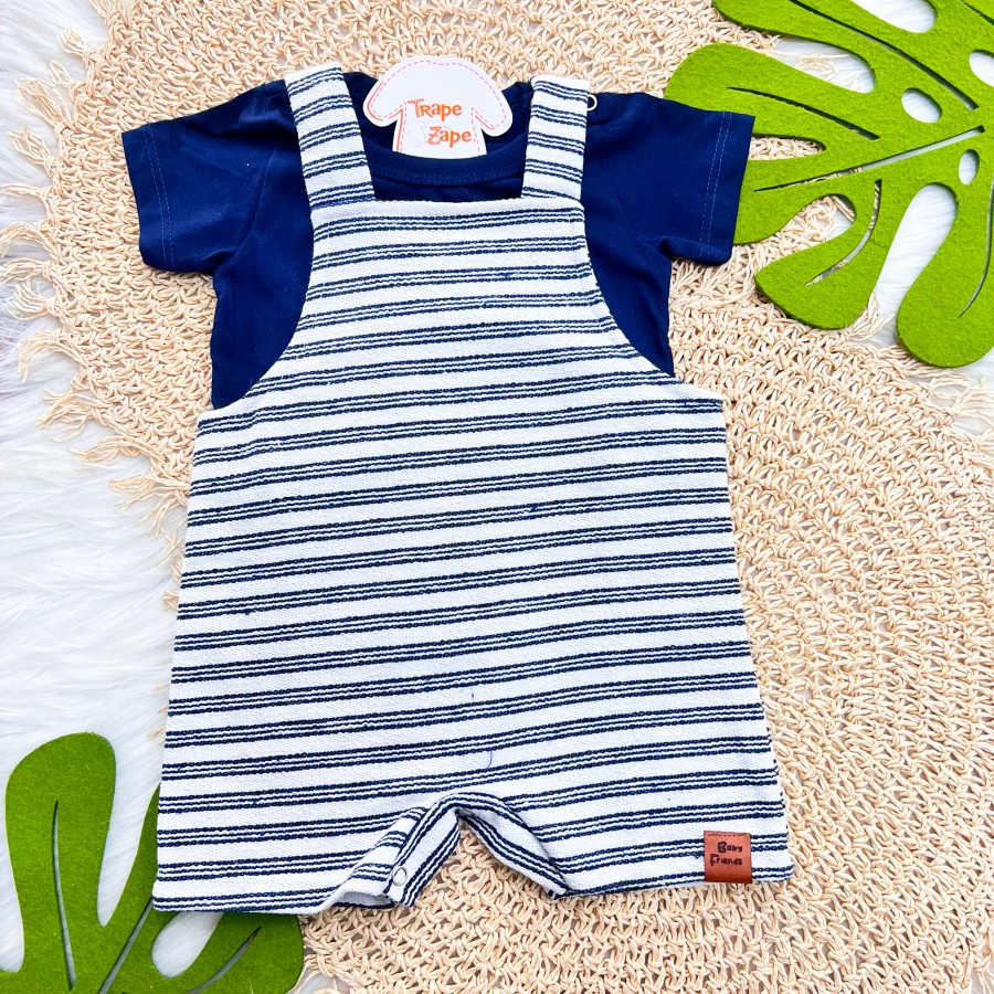 Conj. Camiseta e Jardineira em Linho Listrada - Marinho